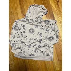 Celestial Graphic Hoodie Sweatshirt Tan Sun Moon Snake Angel Print Kids XL 15 17